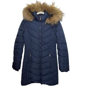 Tommy Hilfiger Women XXS Petite Navy Long Puffer Coat Faux Fur Preppy Old Money
